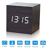 Nescope Digital Alarm Clock Digital Clock Cube Design Wooden Clock with 12/24Hr 3 Sets of Alarms Temperature Display