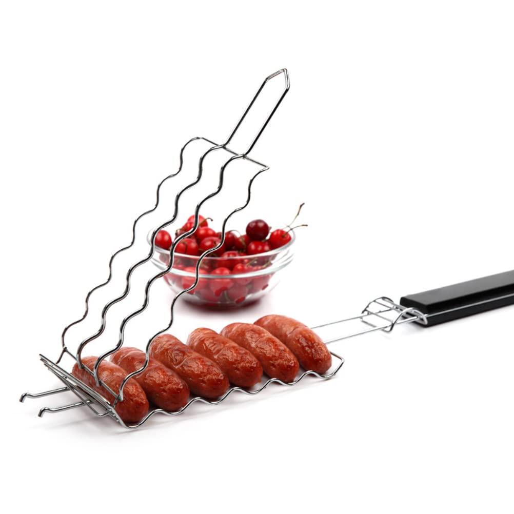 KKPLZZ Hot Dogs Grilling Basket, Folding Portable Stainless Steel Sausage Rack BBQ Grill Basket Grill Mesh Clip Holder for 6 Hot Dogs, Outdoor Grilling Tools