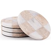 Marble Coasters Set of 4 for Drinks, 4 Inch Round Stone Coasters | White and Travertine, Natural Marble, Handcrafted Checkered Coasters, Elegant Drink Coaster Plates, Stylish Bar Accessories