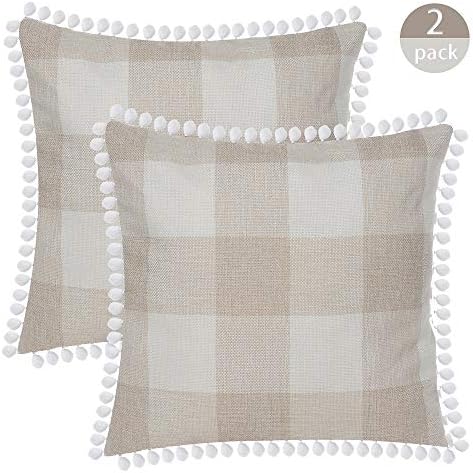 SEEKSEE Buffalo Plaid Throw Pillow Covers Burlap Country Decoration Checkers Large Plaid Cotton Linen Decorative Pillowcase Retro Cushion Sofa Living Room 18x18 in,Set of 2 (Beige, 18"×18")
