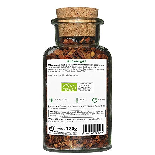 AURESA Bio Gartenglück Früchtetee im Glas | Tee mit Beeren - 120g | Wiederverwendbare Glasflasche mit Korkverschluss – Bild 5