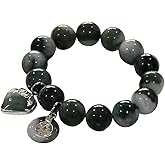 Premium Natural Green Jade Bracelet 13.7mm Beads – Handmade Elastic Rope 6.5” with Heart & Lucky Coin Charms – Healing Crystal for Wealth, Health, Love & Protection – Unisex Gift Pouch Ready