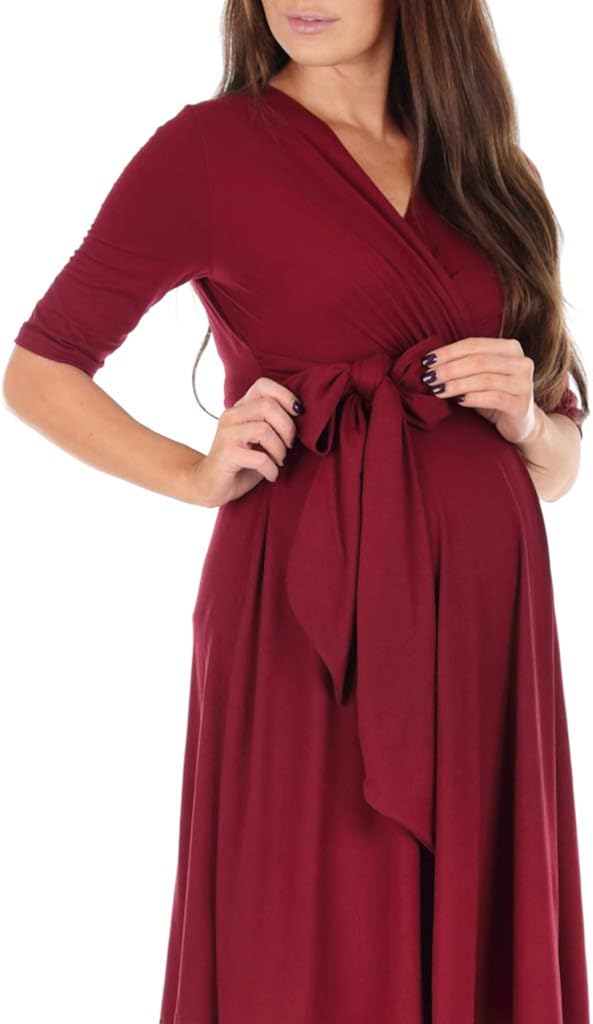 Mother Bee Maternity Women's Knee Length Wrap Dress with Belt for Baby Shower or Casual Wear at  Women’s Clothing store