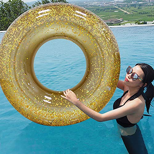 Aegilmc Glitter Swimming Ring Lifebuoy Pool Rafts, Round Inflatable PVC Floats, Summer Outdoor Water Toys Lounger for Beach Camping Music Festival Lake River,Silver