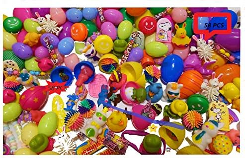 58 PIECES Filled Easter Eggs Set, Prefilled With Popular Toys & Candy - No Junk for Girls, Boys, Toddlers