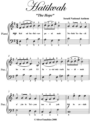 Hatikvah Israeli National Anthem Easy Piano Sheet Music