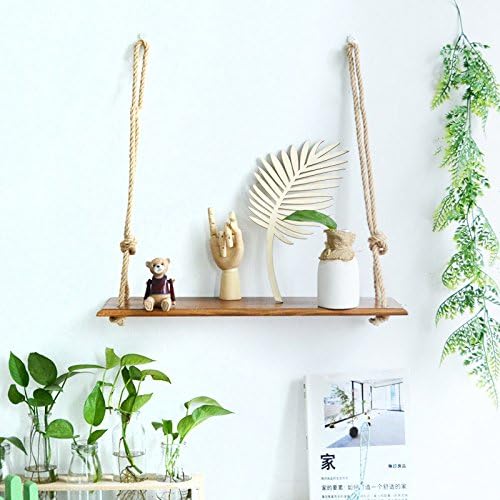 Candyqueen 1Pcs Hanging Wall Wooden Shelf with Rope Display Floating Swing shelves Home Decor