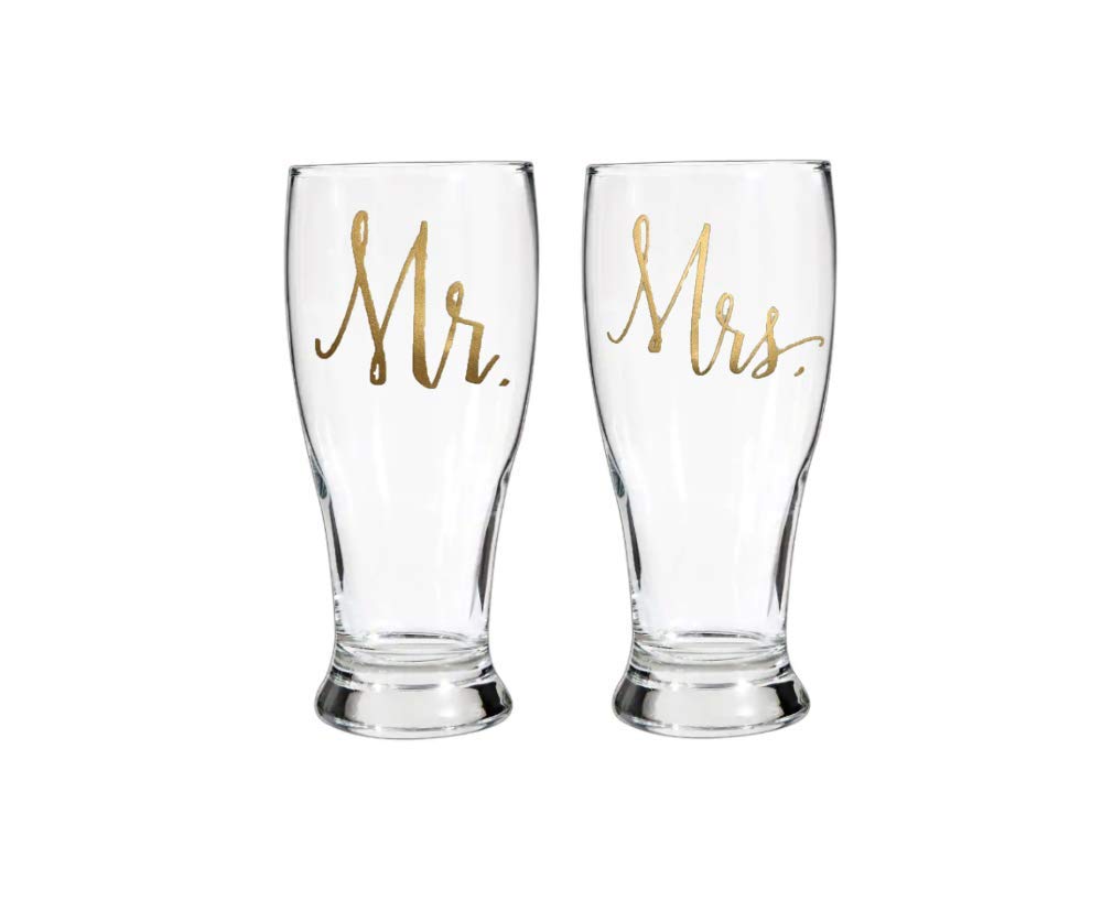 Photo 1 of **Only One**NBGRLVS 2pc Mr. & Mrs. Wedding Pilsner Glass Pub Glasses, 19 oz, Gold Writing