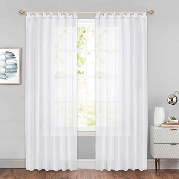 PONY DANCE Weiß Vorhang mit Schlaufen - Halbtransparent Voile Gardinen Leinen Optik Fensterdeko Dekoschale für Wohnzimmer Sch