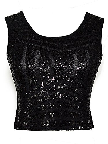 Anna-KaciWomens Sparkle Stripe Front Sequin Slim Fit Cropped Vest Tank Tops,