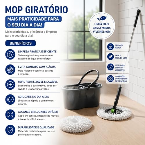 Mop com Balde Giratório 9 Litros, Cesto Inox, com Esfregão, Sistema de Limpeza 360°, Lava e Seca, Cabo Extensível, Cesto de Aço Inoxidável, Cinza - premium