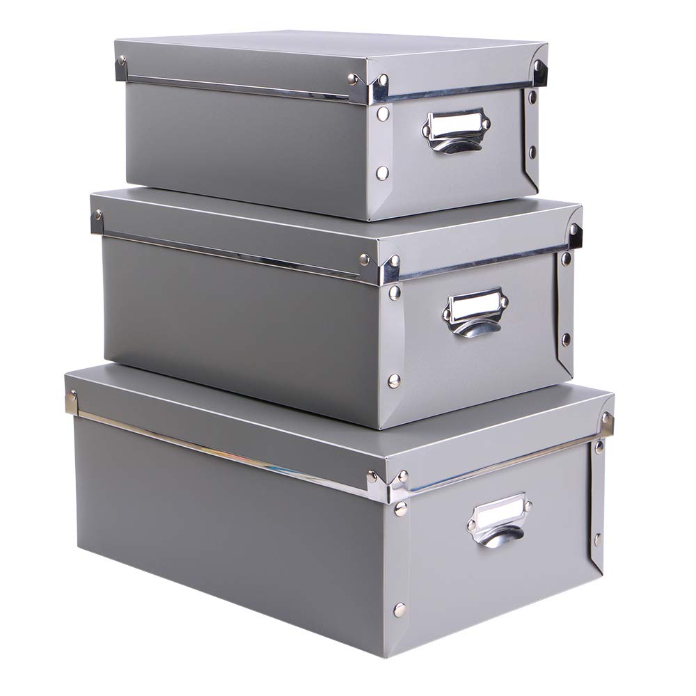 Eagle Decorative Storage Box, Plastic, 3 in 1 Set, with Handles, Labels and Label Holders, Press-Stud Fastening, Foldable for Space Saving Storage, Great for Keeping Files, Clothes, Photos (Grey)