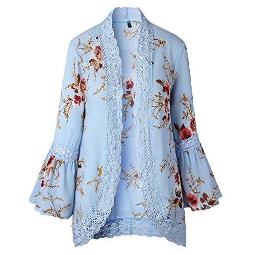 YANG-YI Women Lace Floral Open Cape Casual Cardigan Loose Blouse Kimono Cardigan Beach Dress (Sky Blue, XXL)