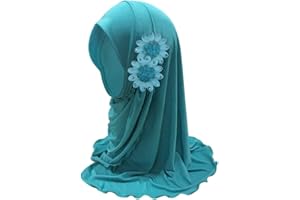 Ylucky Girls Muslim Hijab Floral Lace Head Scarf Kids Islamic Arab Scarf Shawls Head Wrap with Flowers