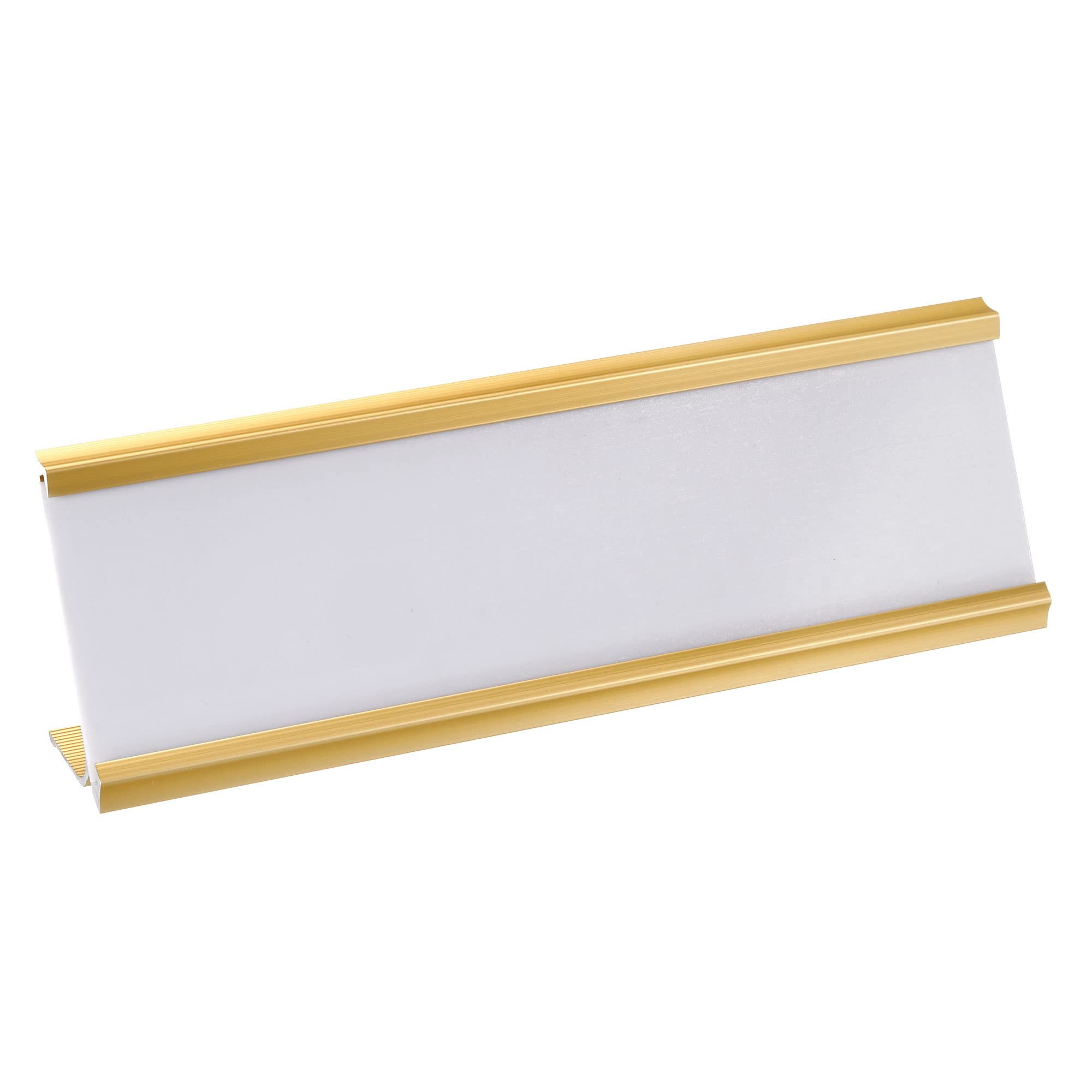 PATIKIL 2 x 7inch Aluminum Name Plate Holder, L Type with White Blank Engraved Name Plate for Desk Office Business Door Sign Holder Gold Tone