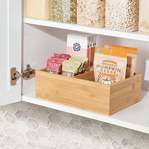 mDesign Bamboo Kitchen Pantry Organizer Storage Box, 3 Divided Sections, Holds Plastic