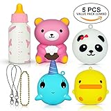 5 PCS Jumbo Squishies Value Pack – Super Cute Kawaii, Slow Rising, Animal Squishy Toys Set (Giant Bear, Panda, Whale, Chicken, Milk Bottle) Plus 3 Free Keychains. Fun for Kids, Teens & Adults.