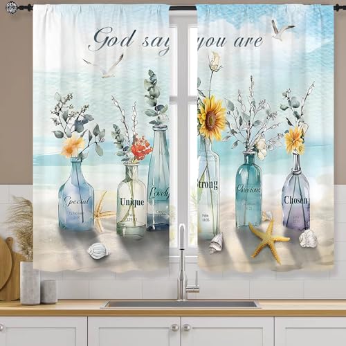 Famiffty Beach Inspirational Kitchen Curtains God Says You are Bible Motivational Quote Flower Small Short Tier Cafe Curtains Blue Leaf Window Drapes Treatment Home Decor (27.5W X 39L Inch 2 Panels)