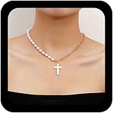 Iaceble Boho White Cross Choker Necklace Faith Cross Pendant Necklace Retro Pearl Necklace Punk Paperclip chain necklace Jewelry for Women