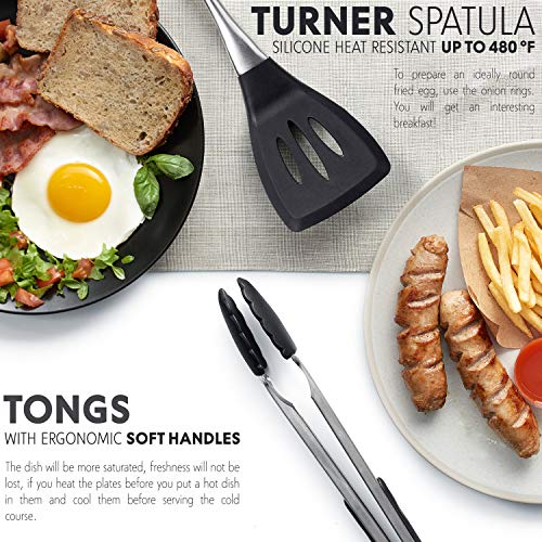 Premium Kitchen Utensils - 21-Piece Cooking Set - Stainless Steel & Silicone - Ladle, Spatulas, Spoons, Server, Brush, Measuring Cups, Whisk, Strainer, Tongs - Heat Resistant for Non-Stick Cookware