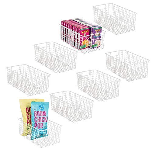 mDesign Farmhouse Decor Metal Wire Food Organizer Storage Bin Basket with Handles for Kitchen Cabinets, Pantry, Bathroom, Laundry Room, Closets, Garage - 16 x 9 x 6 in. - 8 Pack - Matte White