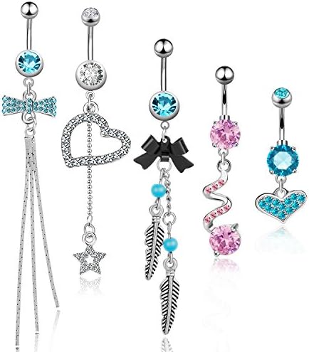 CABBE 5Pcs Dangle Belly Button Rings Set Anchor Surgical Steel for Women 14G Navel Barbells for Women Body Piercing Jewelry