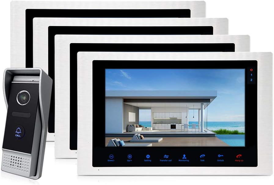 Jeatone Video Intercom Entry System Wired 7" LCD Monitor Video Door Phone Kits 4 Units Apartment Video Doorbell Support Monitoring, Unlock, Dual way Door Intercom IR Night Vision 1 Camera 4 Monitor