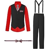 Joqeif Boys Suits Formal Dress Vest and Pants Set for Kids Teens Boy, with Shirt Bowtie and Suspenders, Adjustable Waist