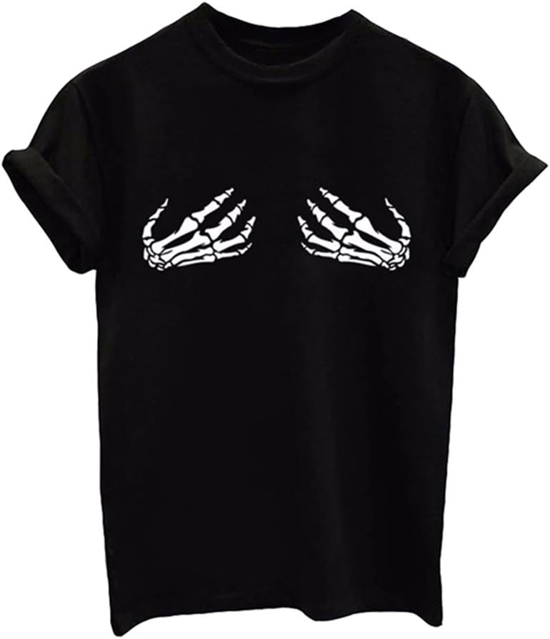 Women Skull Finger Printed Pullover Casual Tees T-Shirt Short Sleeve Tops