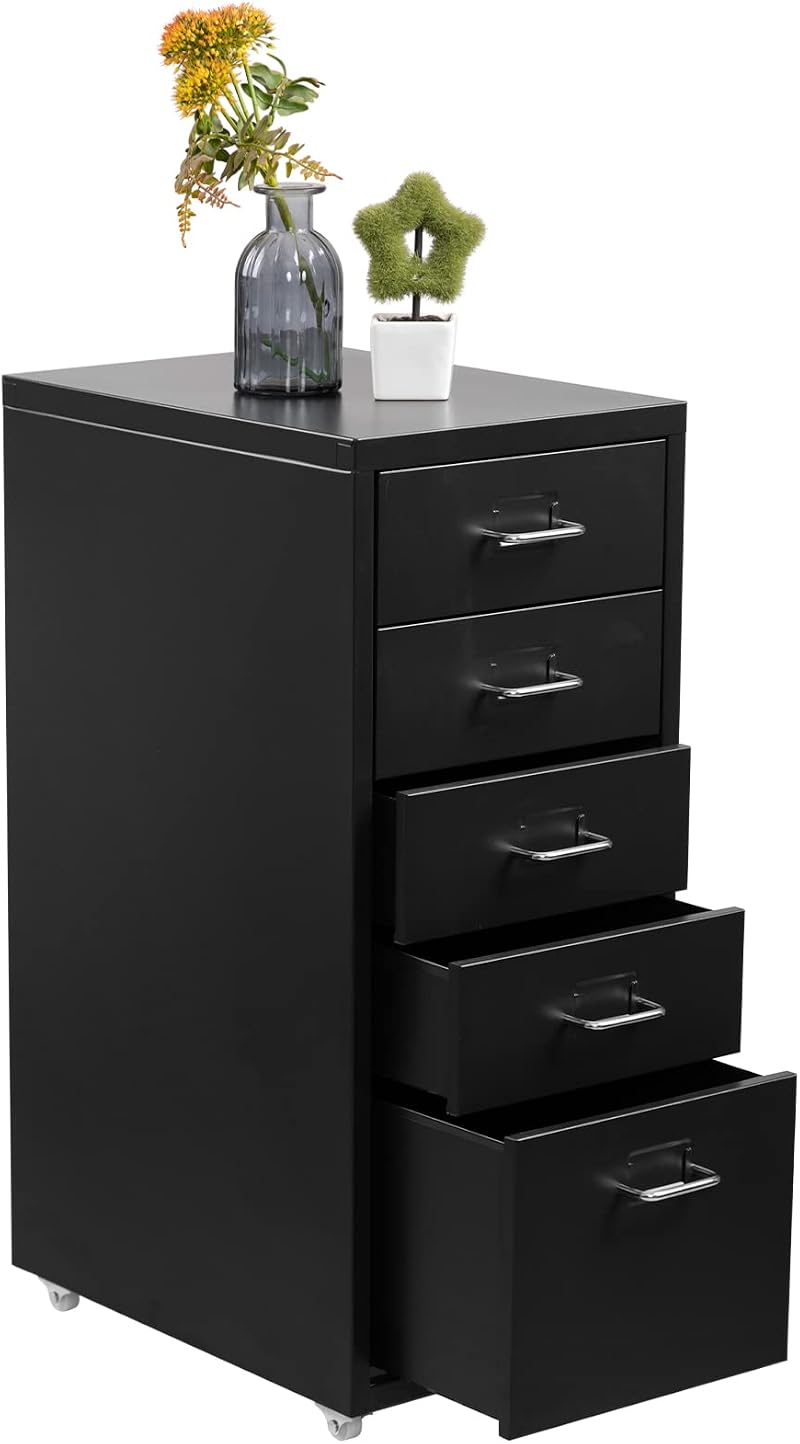 HollyHOME 5-Drawer Mobile File Cabinet with Casters, Black Metal Storage