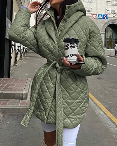BTFBM WOMEN BUTTON DOWN QUILTED JACKET COAT 2023 FALL WINTER FASHION BELT POCKETS REMOVABLE PADDED HOOD PUFFER OUTERWEAR(SOLID GREY GREEN, SMALL)