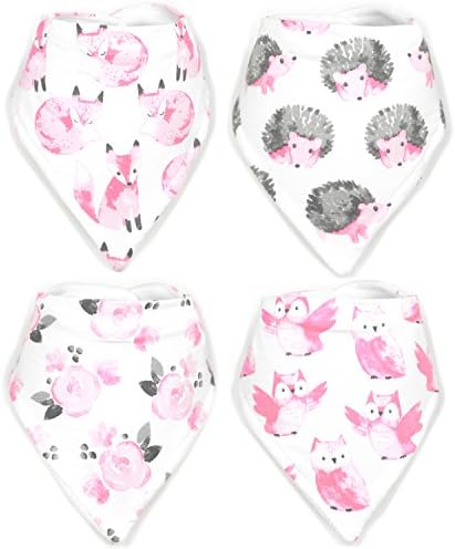 Stadela Baby Adjustable Bandana Drool Bibs for Drooling and Teething Nursery Burp Cloths 4 Pack Baby Shower Gift Set for Girls โ Sweet Forest Woodland Animals Fox Owl Hedgehog Floral Flowers