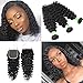 Brazilian Hair Deep wave 3 Bundles with Closure(10 12 14 + 10) Curly Virgin Hair Bundles with 4x4 Free Part Closure Unprocessed Deep Curly Human Hair Extension Natural Color for Black Women