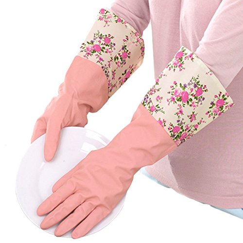 Sealike Flower Floral Pattern Antiskid Rubber Dishwashing Gloves Cleaning Gloves Household Gloves Water Stop Waterstop Gloves with Stylus - Thumbnail 2