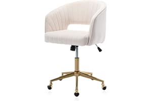 Kiztir Velvet Home Office Chair, Modern Swivel Desk Chair with Gold Base, Round Solid Wheel, Adjustable Vanity Chair for Study, Living Room, Bedroom (Beige)