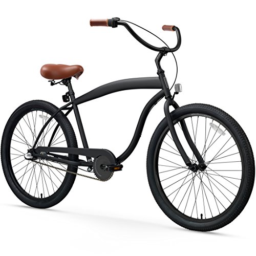 sixthreezero Men's in The Barrel 3-Speed Beach Cruiser Bicycle, Matte Black  w/Brown Seat/Grips, 26