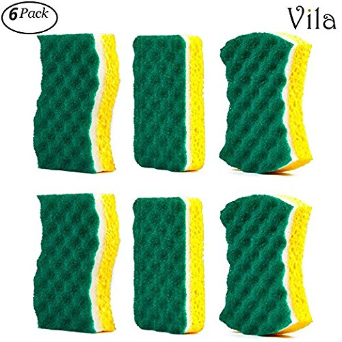 Vila 6-Pack Scrub Sponge -- With Triple-Cleaning system - Heavy-duty and Odor-Resistant - Tough on Grease but gentle on delicate surfaces - 1 Pad Lasts over a Month