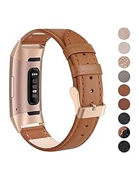 Swees - Correa de piel compatible con Charge 3 y Charge 3 SE, pulsera de seguimiento de fitness, correa de cuero genuino de repuesto para mujeres y hombres pequeños y grandes, negro, oro rosa, beige, marrón, gris, marrón