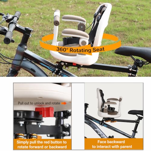 ALISMAEEL Kids Bike Seat 360° Rotatable Front Mount Baby Bike Seat, Soft PU Seat cushion with Safety Belt & Foldable Footrest, Easy Install on Most Mountain Bikes, for Kids 1Y-6Y(110lbs Capacity)