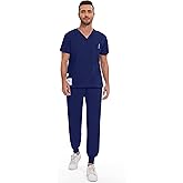 niaahinn Men Scrub Set-Stretch V-Neck Scrub Top & Jogger Pant with 9 Pockets, Yoga Waistband, Anti-Wrinkle Scrubs for Men