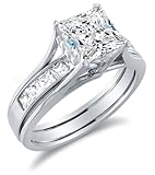 Solid 14k White Gold Bridal Set Princess Cut Solitaire Engagement Ring with Matching Channel Set Wedding Band Highest Quality CZ Cubic Zirconia 2.0ct.