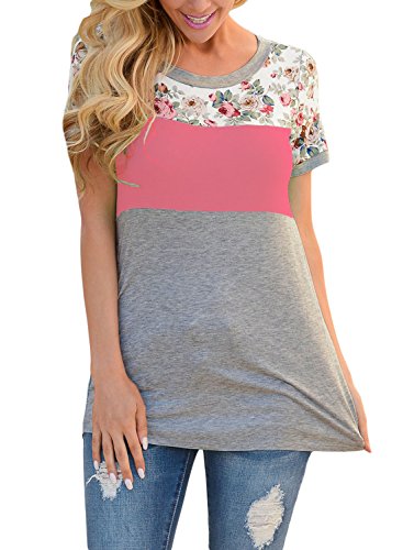 LAISOR Women Floral Print Colorblock Casual Blouse Tops Shirts ((US 4-6)Small, Rose)