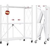 DEANIC 3 Tier Foldable Storage Shelves with Wheels, Kitchen Appliance Stand, Freestanding Metal Wire Shelf Rack, No Assembly Organizer Rolling Cart for Garage, Basement, Pantry(White)