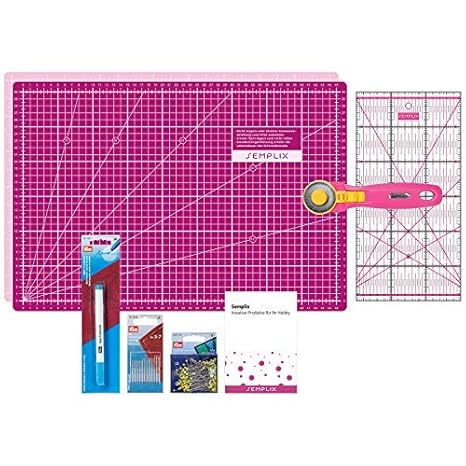 SEMPLIX Patchwork Starter Set - Schneidematte 45 x 30 cm (A3), Rollschneider Maxi, Patchwork Lineal + PRYM Nähnadeln, Steckna