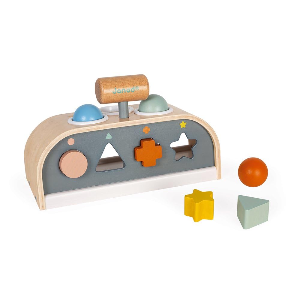 Janod - Tap Tap Sweet Cocoon - 3 In 1 Wooden Toy, Tap Tap, Embedding and Shape Box - Fsc Certified Early Learning Game - from 1 Year Old, J04409