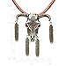 Karseer Ancient Bronzy Longhorn Bull Skull Pendant Necklace with Eagle Feather Charms & 30 Inch Dark Brown Leather Cord
