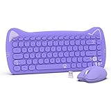 NACODEX Purple Wireless Keyboard and Mouse, Portable 84 Key Round Key Cute Cat Ears Office Thin Keyboard, 2.4GHz Silent Click