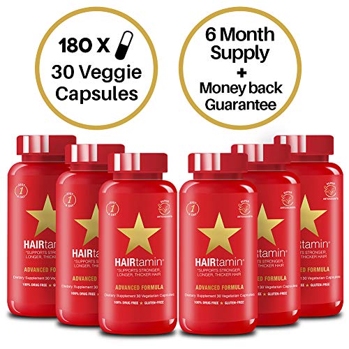 HAIRtamin Fast Hair Growth Biotin Vitamins Gluten Free thirty Vegetarian Capsules Supports Stronger Longer Thicker Hair Reduces Hair Loss and Thinning All Natural Supplement six pack