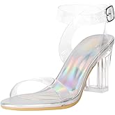 ZriEy Women's Clear Heels Chunky Block Mid High Heeled Sandals Open Toe Transparent Ankle Strap Dress Pump Shoes for Women in Daily Wear Party Wedding