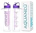 AQUANEÜ 30oz Motivational Inspirational Water Bottle with Time Marker + Measurements | Goal Marked Times Fitness Sports Bottles Best for Measuring Your H2O Intake, BPA Free Non-Toxic (Think Purple)